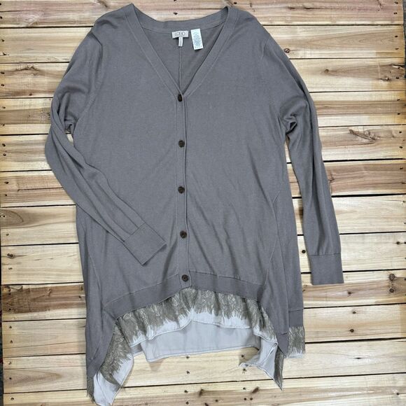LOGO Gray Cashmere Blend Lace Trim Cardigan Sweater Size L Lagenlook Cabincore - Picture 1 of 8